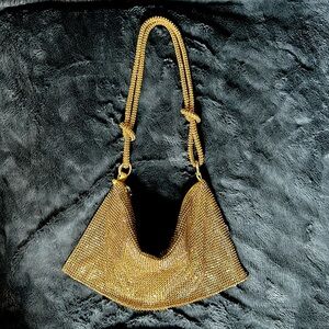 Gold Rhinestone Glitter Sparkly Knotted Shoulder Handbag Purse Evening Bag